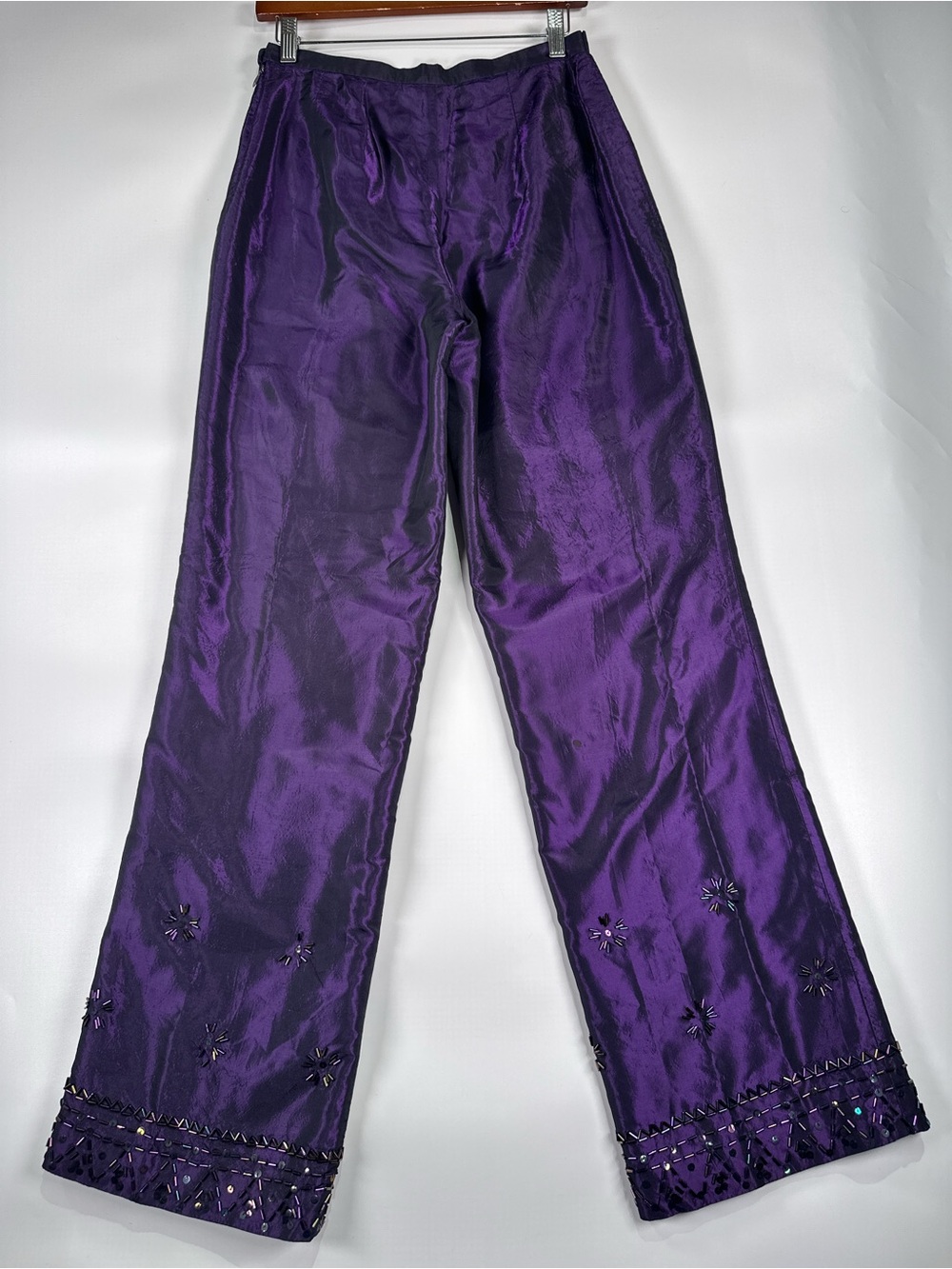 SILX Straight Leg Pants Beaded Hem High Waist Iridescent Silk Purple 4P - Picture 4 of 13